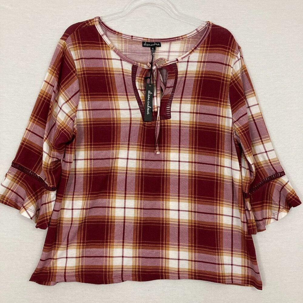 New Alison Andrews Brown Purple Plaid Ruffle Sleeve Tie Front Feminine Top XL